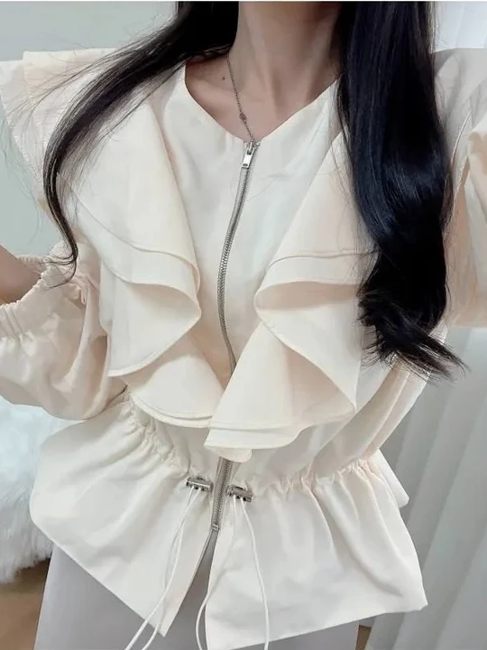 

Spring New Arrival Women's Faion Simple ort Zipper Jaet Coat with Pleated Dstring Waist Design Commute Sle