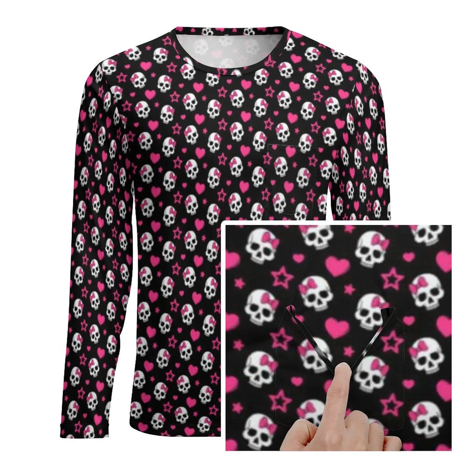 Floral Skull Print T Shirt Man Hearts Stars Pattern Essential T Shirts Spring Trendy Tees Long Sleeve Graphic Oversized Clothing