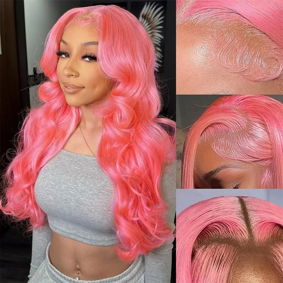 100% Choice Front HD Transparent Lace Pink Wig 13x6 Human Hair Colored Brazilian Body Wave Frontal Cheap Wigs For Women On Sale