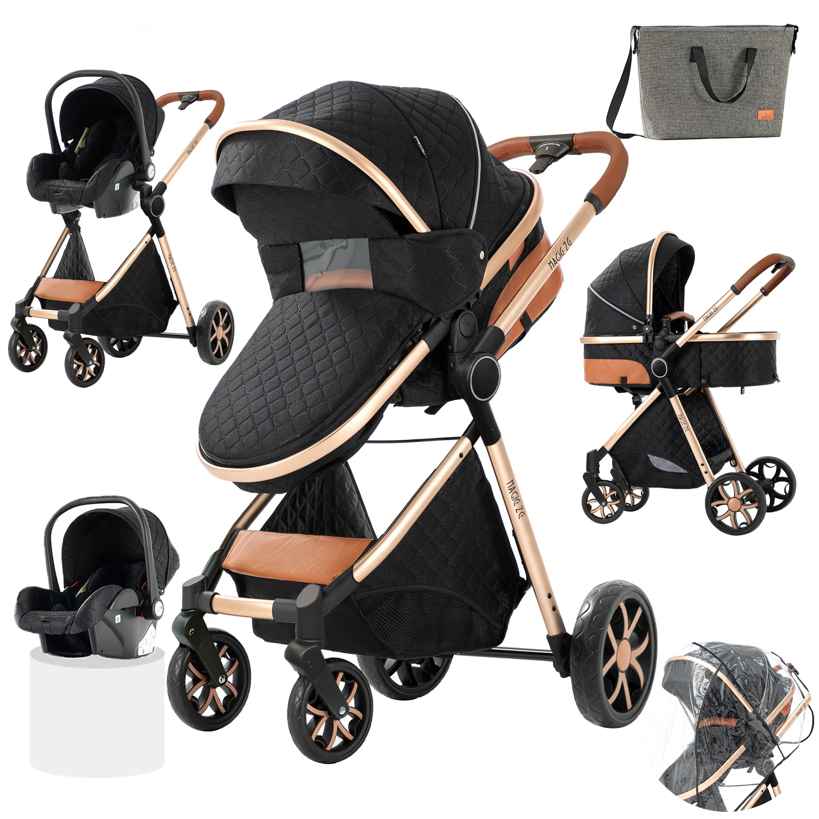 3-in-1 Baby-Kinderwagen-Reisesystem, Kinderwagen mit Autositz, leichter Rahmen, kompakt zusammenklappbar, hohe Sitzposition, stoßdämpfende Räder, umkehrbarer Sitz, mehrfach verstellbare Rückenlehne,