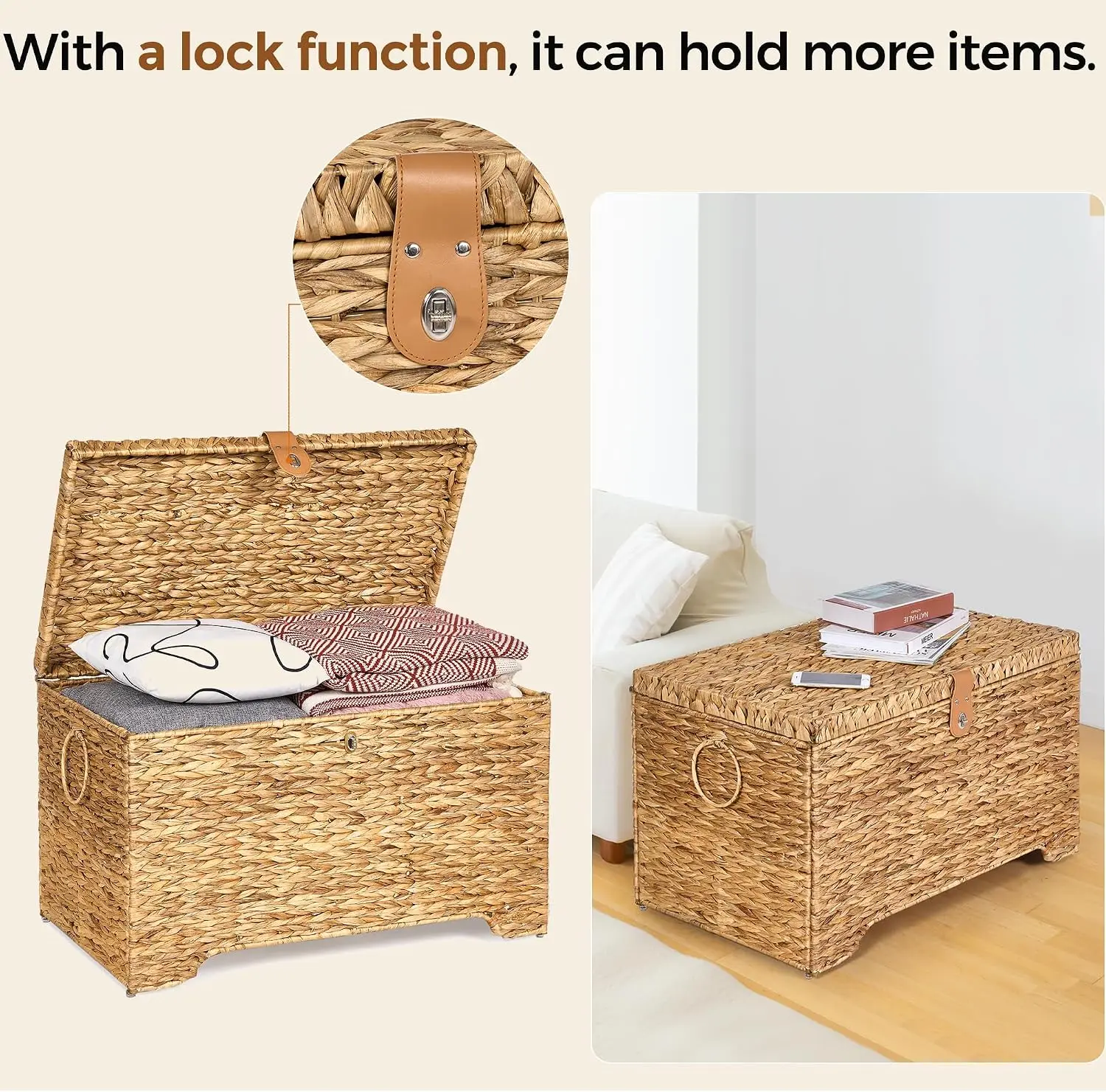 Honjourai Handwoven Storage Basket with Lid, 165L Wicker Storage Trunk