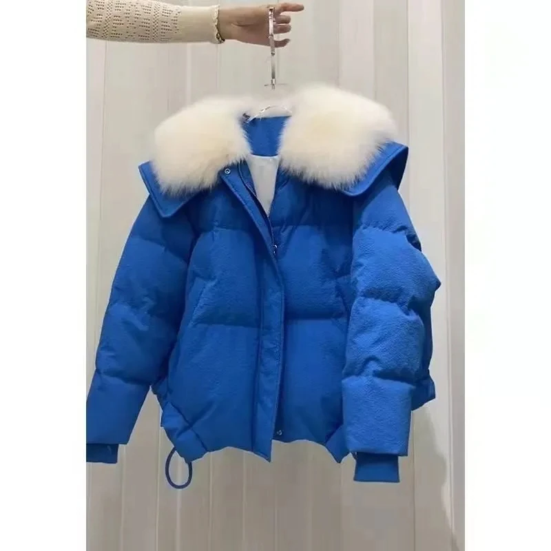 Jaket Katun Kerah Biru Dongker Imitasi Bulu Rubah Klein Blue Wanita Musim Dingin 2025 Desain Tebal Baru Mantel Pendek Wanita Hangat Pike