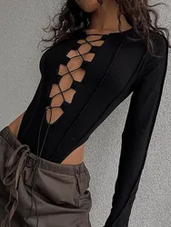 Maglia a coste manica lunga legare Sexy tuta fasciatura Patchwork aderente Club Party Body donna vestito a vita alta Top