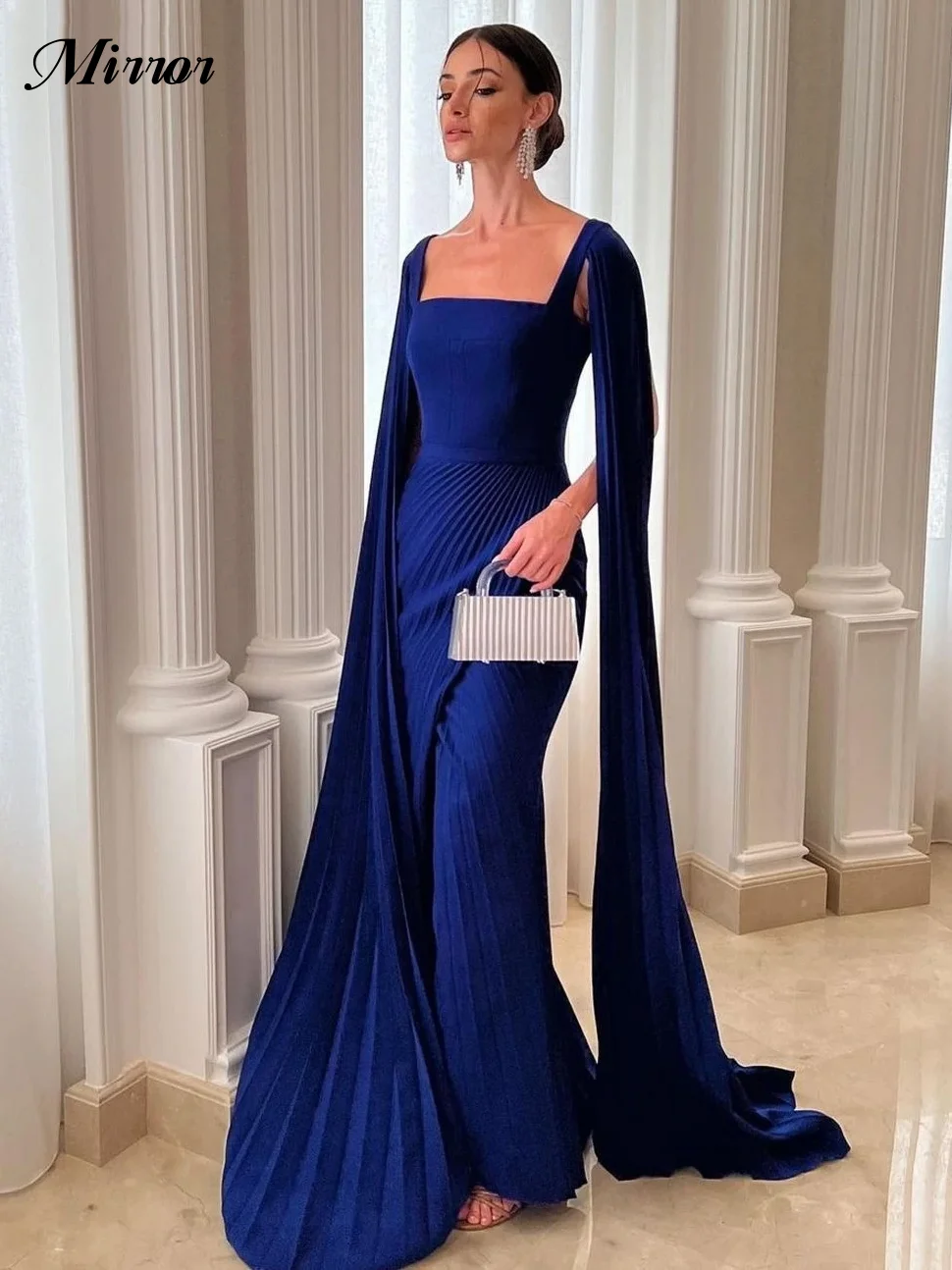 Spiegel kleid elegante Vintage blaue Rüschen quadratischen Kragen vorne Schlitz maßge schneiderte Ball formelle Gelegenheit Ballkleid Abend Party kleider