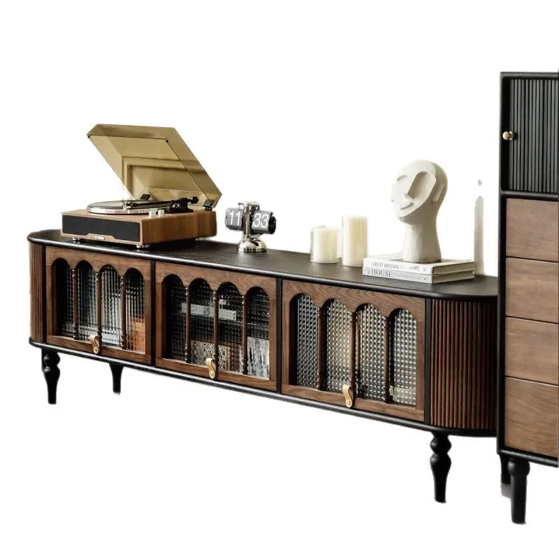 

French retro solid wood coffee table, black living room small apartment TV cabinet locker