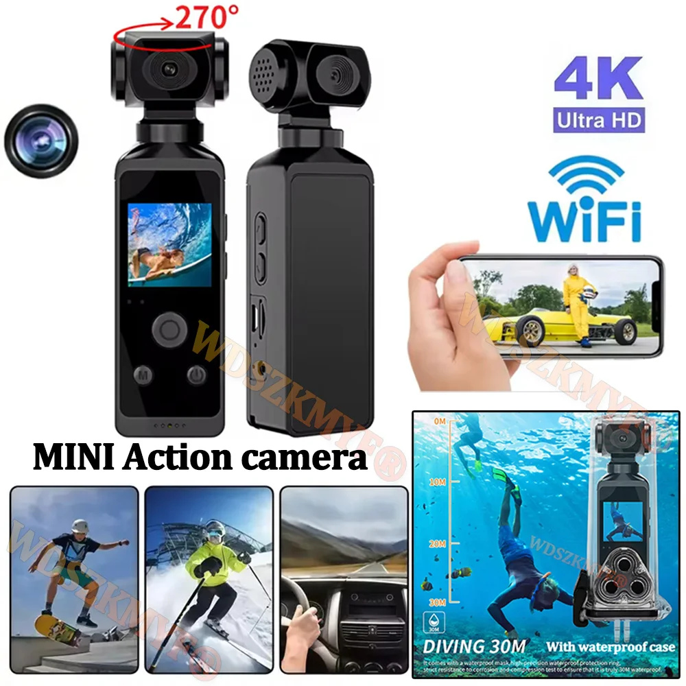 

4K WIFI Pocket Camcorder HD Cam 1.3" LCD Screen 270° Rotatable Mini sports Camera with Waterproof Case Motion 1080P Cameras