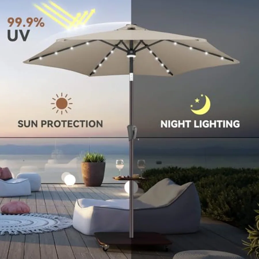 Solar Umbrella Outdoor - Lighted Solar Patio Umbrella with 24 LED Lights Waterprool UV Protection, Table Umbrella with Tilt for