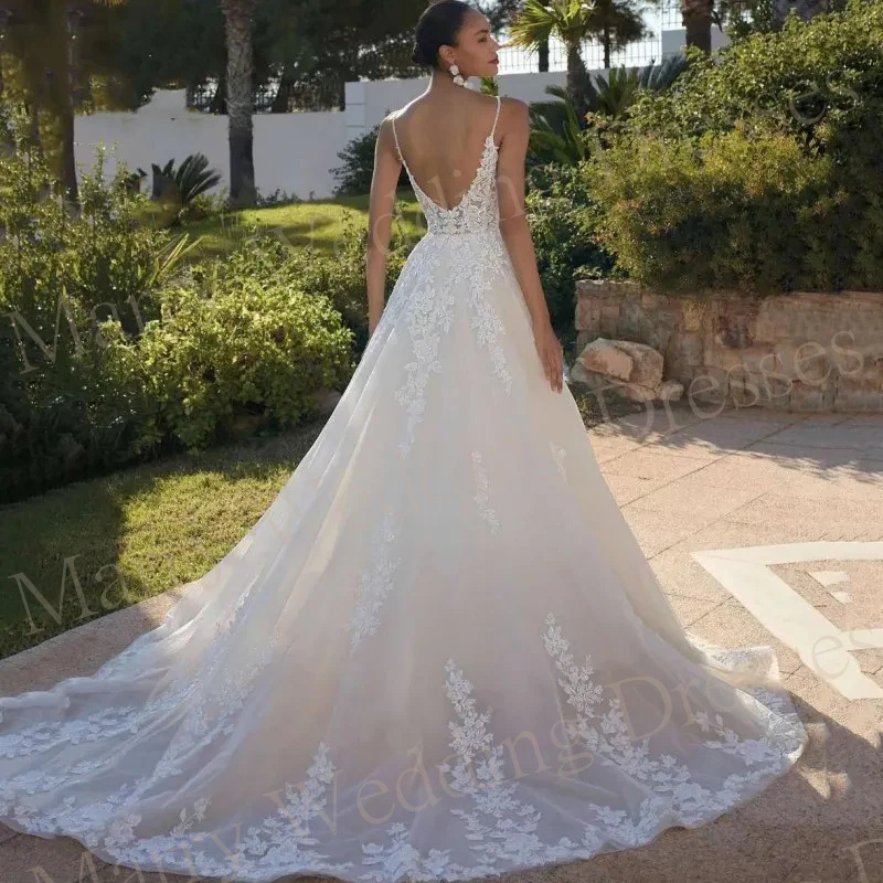 Vestidos De Noiva A Line Tulle com Applique De Renda, Correias De Espaguete, Vestidos De Noiva Sem Costas, Querida Elegante, Requintado