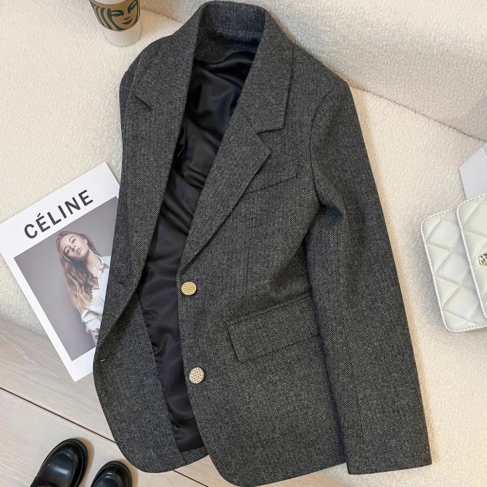 

Женская одежда, усовершенствованный серый шерстяной пиджак для женщин, элегантный повседневный пригородный ретро-британский стиль, элитный модный костюм, пальто