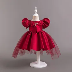 HETISO Children's Summer Party Dresses Satin Golden Bow Girls Kids Party Ball Gown Trailing Tulle Puff Sleeve 1-5 Years