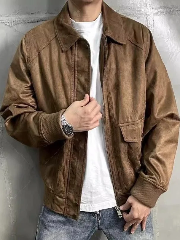 

Мужская модная высококачественная короткая куртка-пилот из коричневой замши в американском стиле, весна-осень, Cleanfit, для подростков, приталенный крой, полиэстер