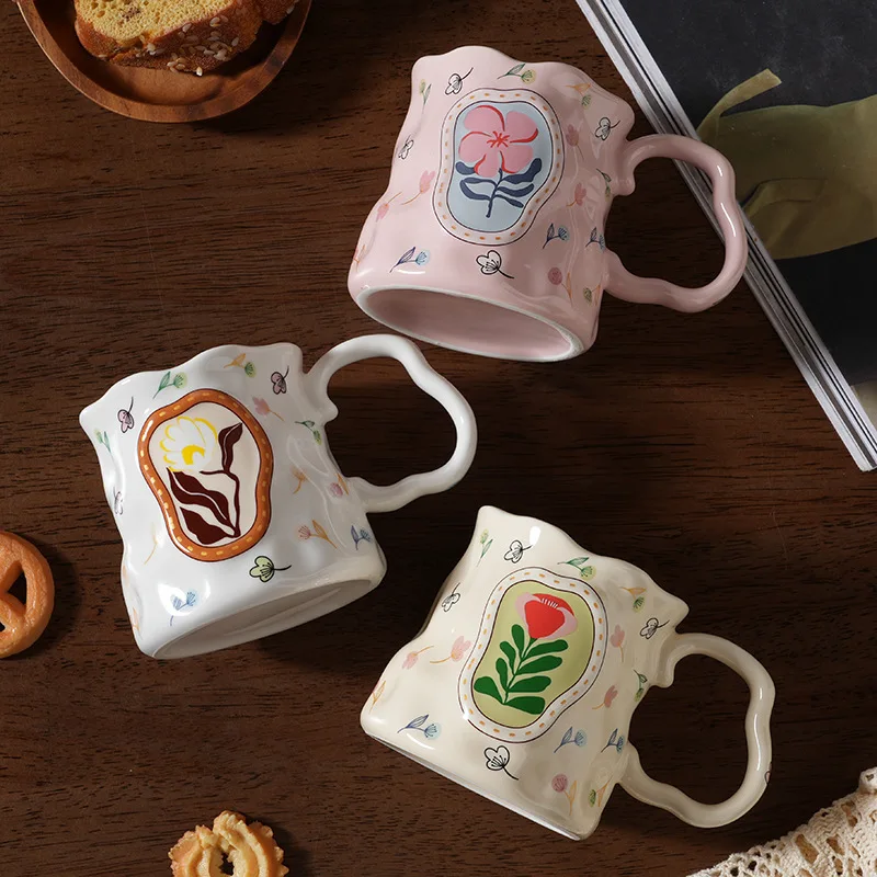 380Ml Dreamy Flower Cluster Hand-painted Ceramic Cup Irregular Relief Breakfast Coffee Cup High-value Souvenir Gift Mug