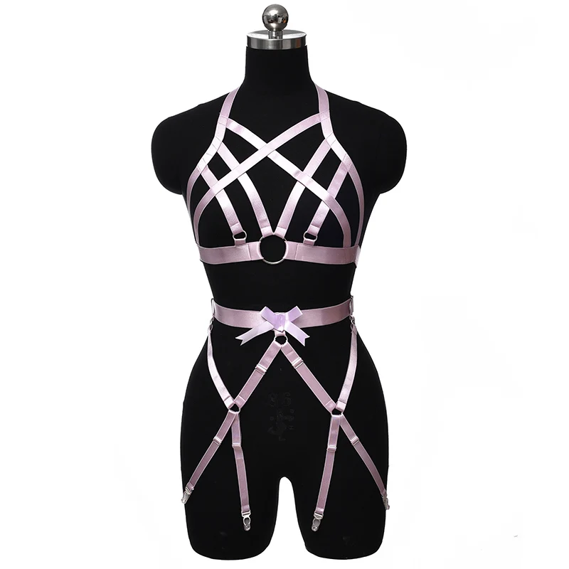 

Women Sexy Lingerie Bondage Bow Body Harness Belt Pole Dance Punk Leg Garter Hollow Open Chest Bra Adjust Bodysuit