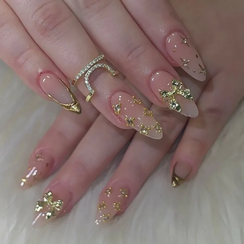 

24PCS Luxury Golden 3D Bowknot Patterns French Fake Nails with Glitter Diamonds Simple Almond Press on Nails Full Cover Wearable