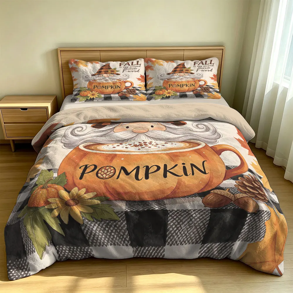 3PCS Autumn Gnome Pumpkin Cup Milk Velvet Duvet Cover Set Without Filling 1 Duvet Cover 2 Pillowcases Soft Fluffy Machine Was