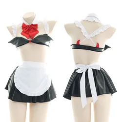 Anime Succubus Devil  Maid Cosplay Costume Women Sexy Leather Maid Dress Apron Suit Nightdress Underwear Halloween Party Clothes