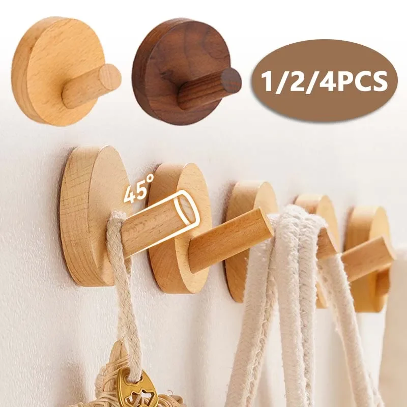 1/2/4 Pcs Beech Walnut Wooden Hooks Clothes Hats Backpacks Bedrooms Kitchens Bathroom Decorations Home Storage Tools