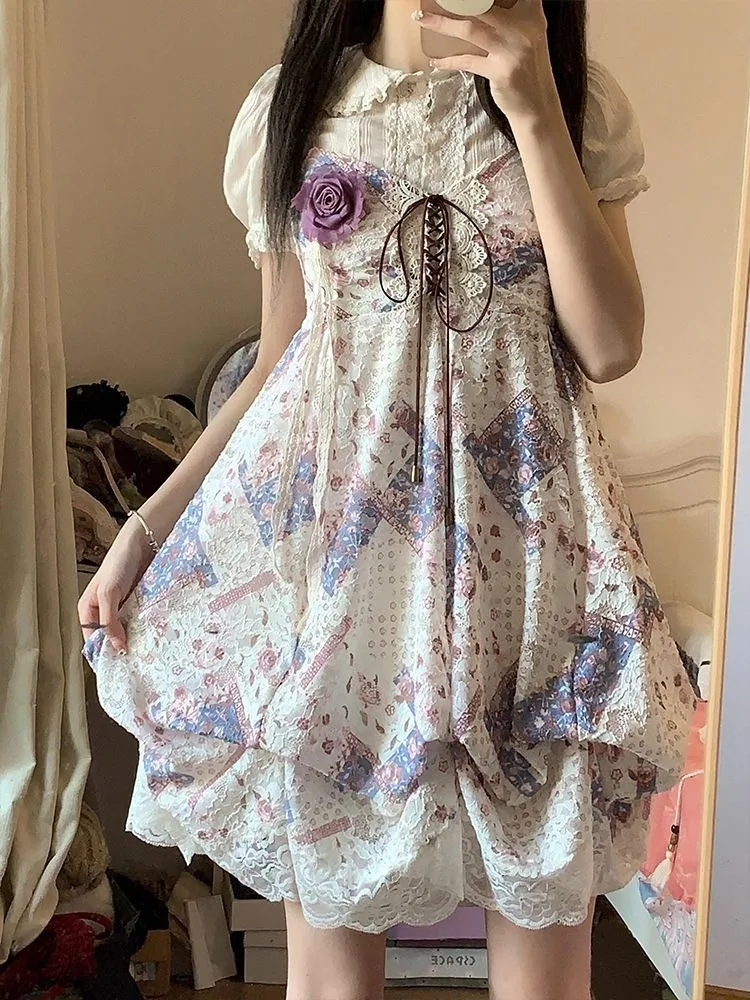 Nowa Letnia Słodka Kawaii Damska Sukienka Vintage Japońska Dziewczęca Styl Y2K na Imprezę Plażową Kwiatowy Wzór Codzienna Lekka Odzież