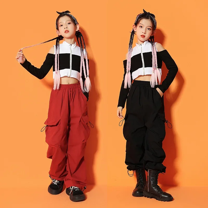 키즈 힙합 의류 콜드 숄더 자르기 탑 긴 소매 티셔츠 캐주얼 스트리트 카고 바지 소녀 재즈 댄스 의상 옷