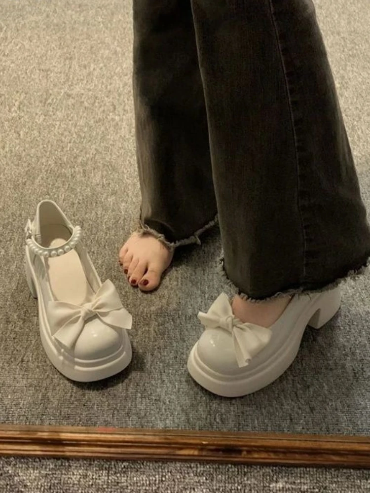 Round Toe Kawaii Lolita Shoes Woman Casual Elegant Pure Color Bow Pumps Non-slip Korean Style Medium Heel Shoes Chic Summer 2023