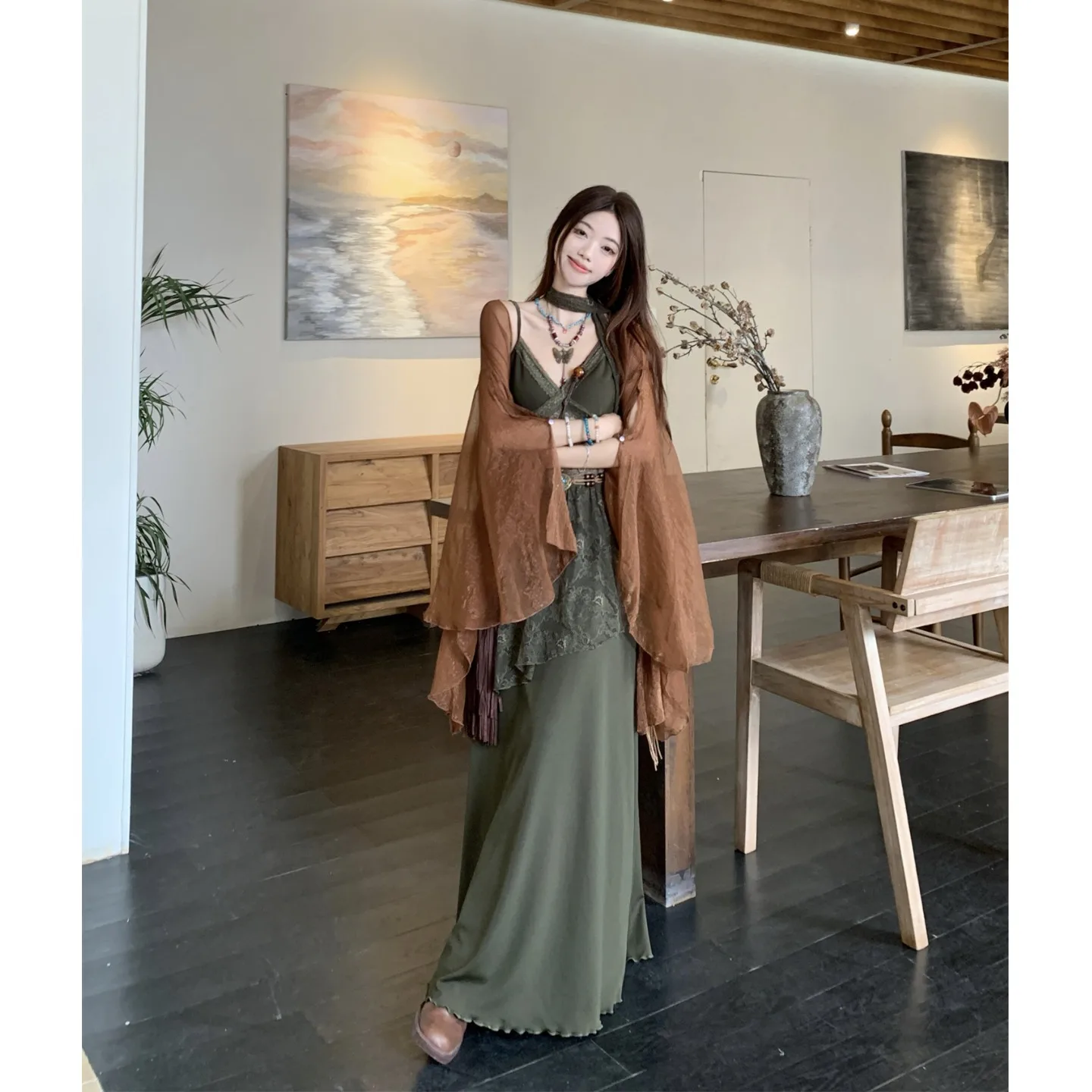 ชุดเดรสสีเขียวผ้าทูลล์ลูกไม้ซีทรูแบบเรโทร สายเดี่ยว ดีไซน์เปิดไหล่ แต่งริบบิ้น สไตล์นิช ฮาราจูกุ โมริเกิร์ล ชุดราตรี