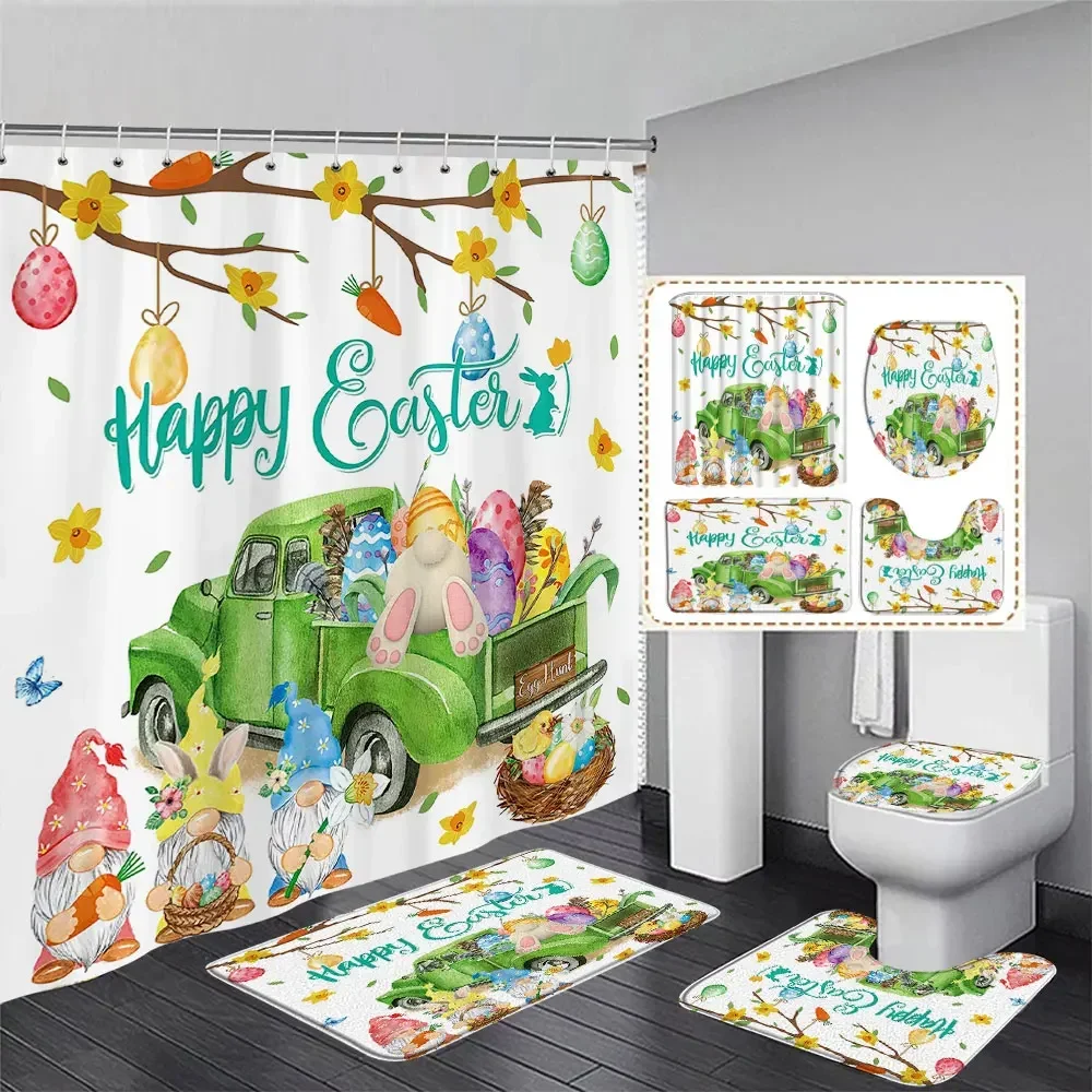 Happy Easter Shower Curtains and Rugs for Bathroom Decor Truck Bunny Elf Eggs Holiday Shower Curtains Toilet Mats Bathtub Decor