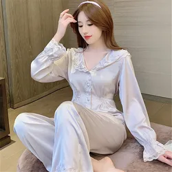 V Neck Sleep Set 2Pcs Home Clothingice Silk Women Lace Edge Homewear Casual Sleepwear Long Sleeve Ruffles Shirt Pant Nightwear