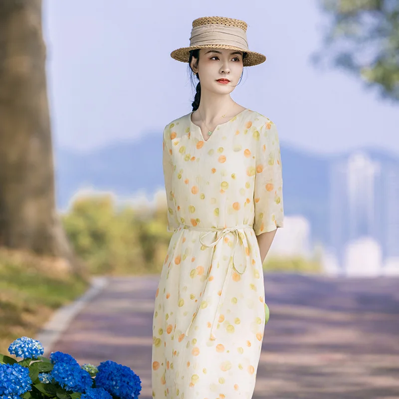 

Cotton and linen women's ramie dress V-neck Chinese style retro improved cheongsam fashion casual versatile simple temperament e