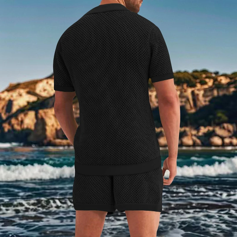 2024 Summer Sexy Mesh Two Piece Sets Mens Fashion Solid Color Hollow Out Suits Men Casual Breathable Shirts And Shorts Outfits