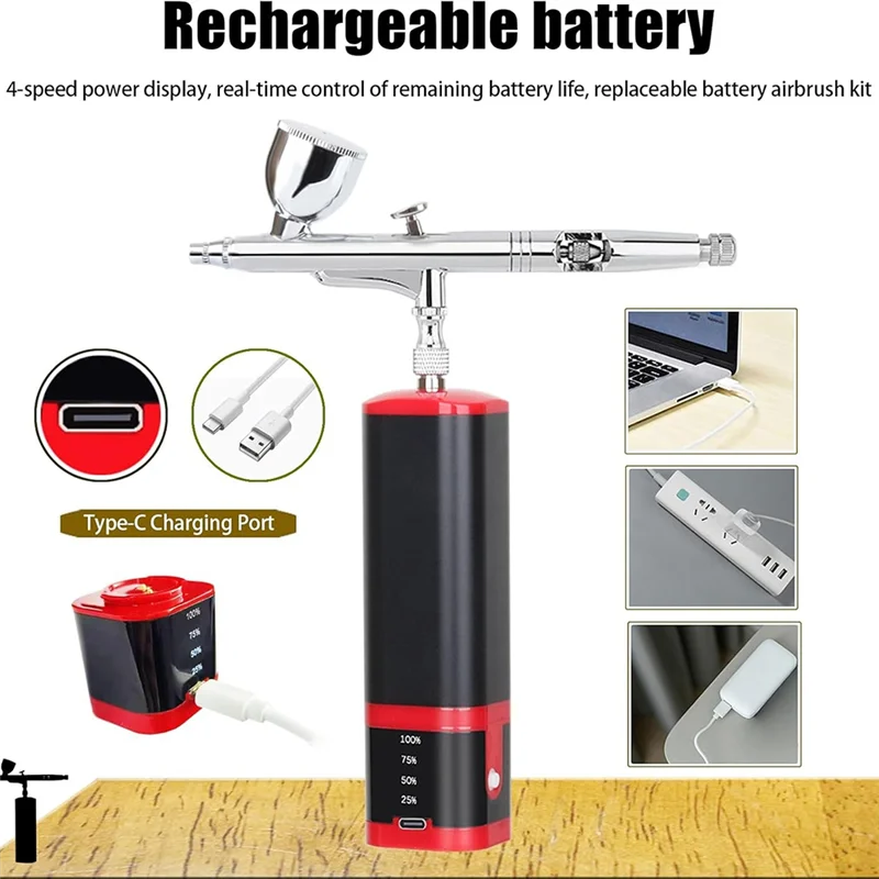 AB45 Kit Airbrush Baterai Ekstra Aksi Ganda dengan Set Sikat Udara Tanpa Kabel Baterai Dapat Diganti Kompresor untuk Manikur, Lukisan