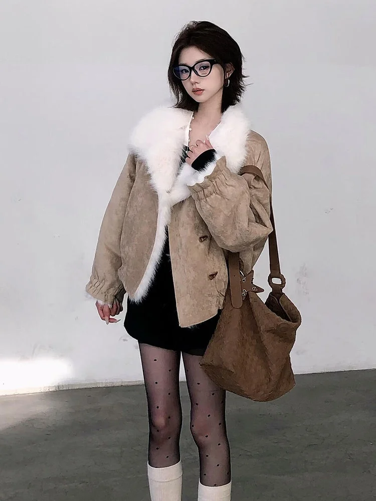 

Женское замшевое меховое пальто, теплое пальто с имитацией меха, женское пальто из натуральной кожи и меха, повседневное пальто Sle Thiened