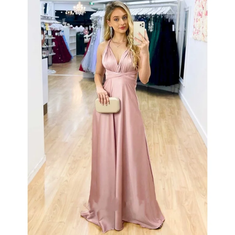 

Satin Solid Multiple Wearing Bridesmaid Dresses Soft Ribbons Tie A-line Simple Prom Dress Classic Women Wedding Party Guest Gown