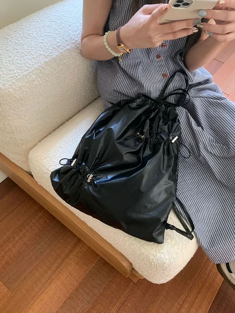 Simple Drawstring Women's Shoulder Bag Solid Colour Female Fashion Backpacks pleated Glossy Ladies Portable Tote Purse Handbags