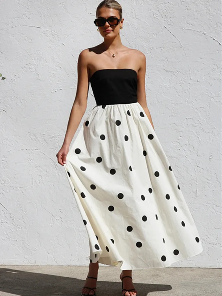 

SKMY 2025 Spring Summer New Fashion Pokal Dot Printed Patchwork Chest Wrapping Strapless Dress A-Line Long Dresses Women Clothes