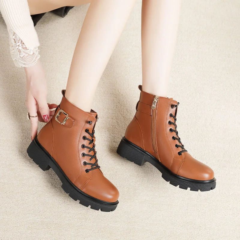 Winter Women's Velvet Anti-slip Platform Boots Round Toe Lace Up Chunky Heeled Zipper Ankle Leather Snow Boots