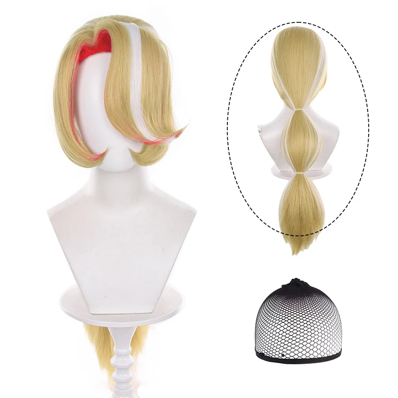 Charlie Morningstar Cosplay Wig Blonde Hair with Red White Streaks for Halloween Party +Free Wig Cap