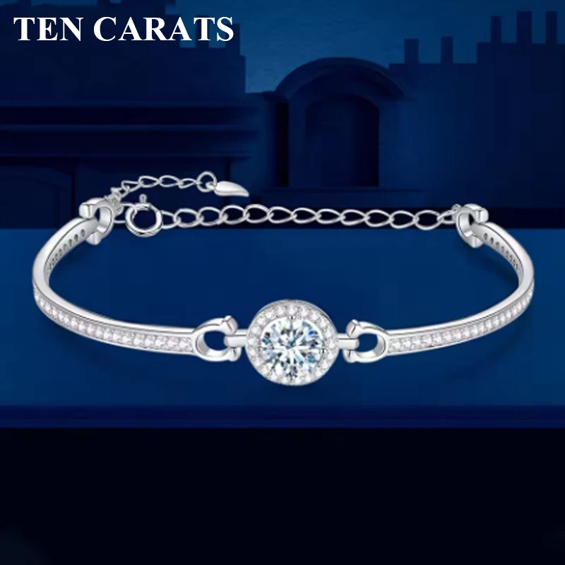 

TEN CARATS 1CT VVS1 D Color Moissanite Bracelet for Women, S925 Sterling Silver, 18K White Gold Plated, Luxury Adjustable Gift
