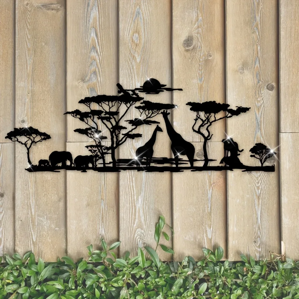 1pc African animal metal wall art mural, elephant, giraffe, lion, bird and tree design art
