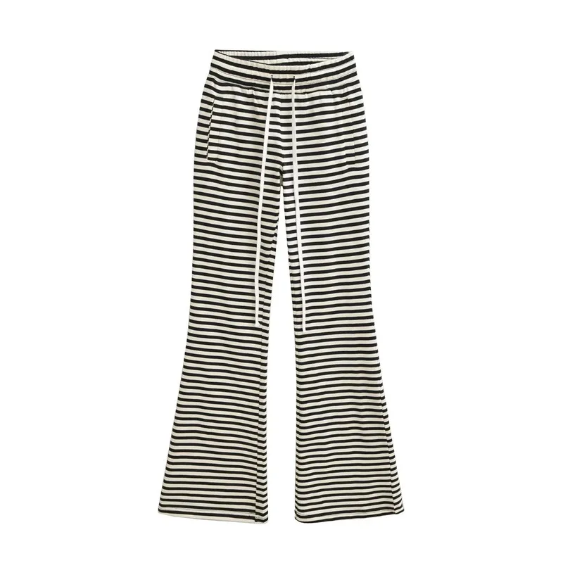 가을 루즈 와이드 레그 스트라이프 드로스트링 플레어 팬츠 캐주얼 바지 여성 빈티지 유럽 스타일 롱 패션