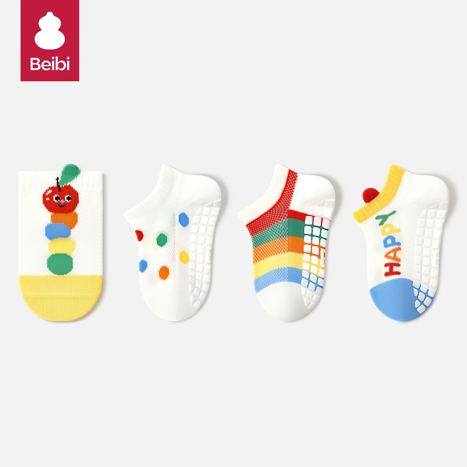 

Beibi 4-pair pack of short adhesive socks, with rainbow ant cartoon animal print pattern, suitable for summer, for ages 0-6