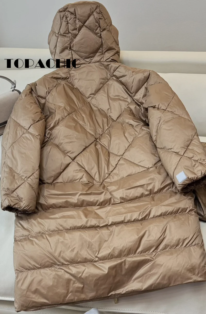 8.29 TOPACHIC-Women Goose Down Drawstring Hooded Keep Warm Outerwear Quilted Argyle Plaid Long Sleeve Loose Zipper Down Jacket