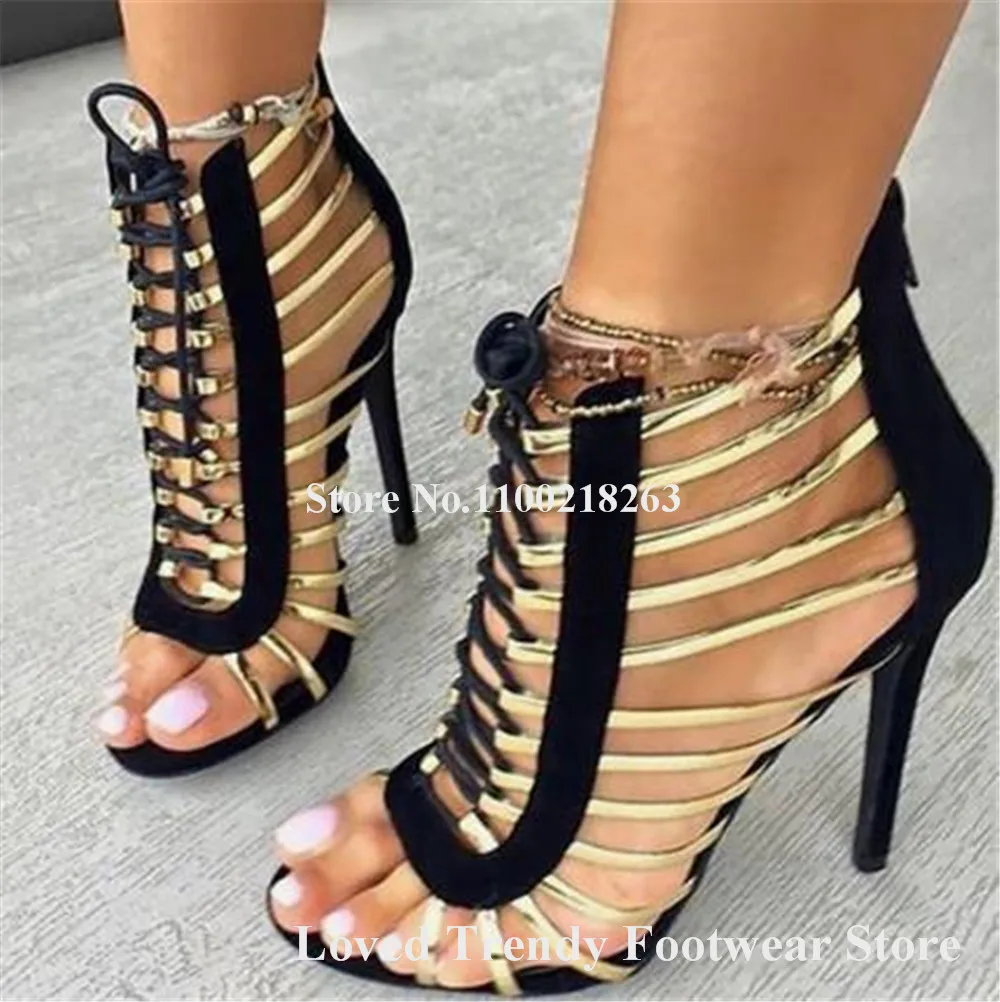 Fashion Gold Straps Pacthwork Stiletto Heel Gladiator Sandals Open Toe Beige Black Red Lace-up Thin Heel Wedding Shoes