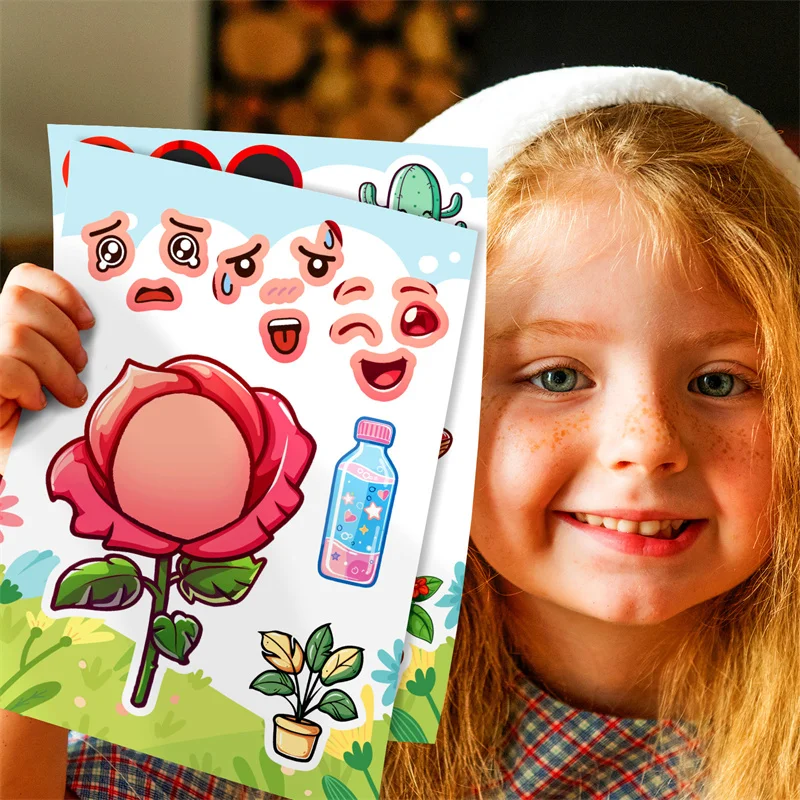 Autocollants de puzzle de dessin animé pour enfants, bricolage, plantes, fleurs, insectes, papillon, visage fait à la main, artisanat, cadeaux pour garçons et filles