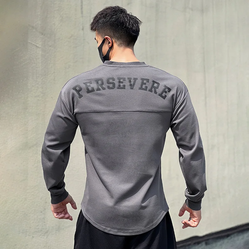 Autumn Fitness Cotton Hoodie Men's Letter Printed Round Neck Breathable Slim-Fit Base Shirt Spliced Long Sleeve T-Shirt