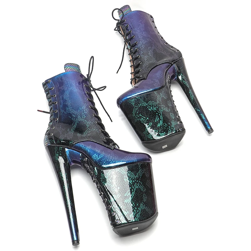 Leecabe 23CM/9inches shinny Snakeskin material lace up sole and upper High Heels Pole Dance boot