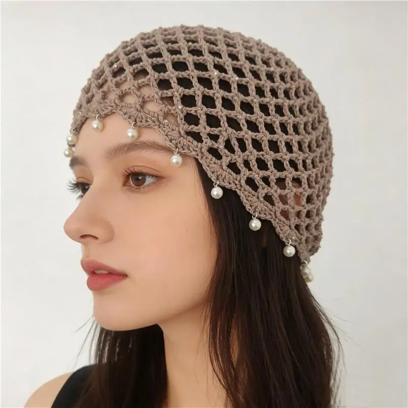 Modische, durchbrochene, gewebte Pullover-Mützen, atmungsaktive Häkel-Baskenmütze mit Perlenfransen, Retro-Beanie-Mütze für Damen, Sommer, koreanischer Stil – Detail 4