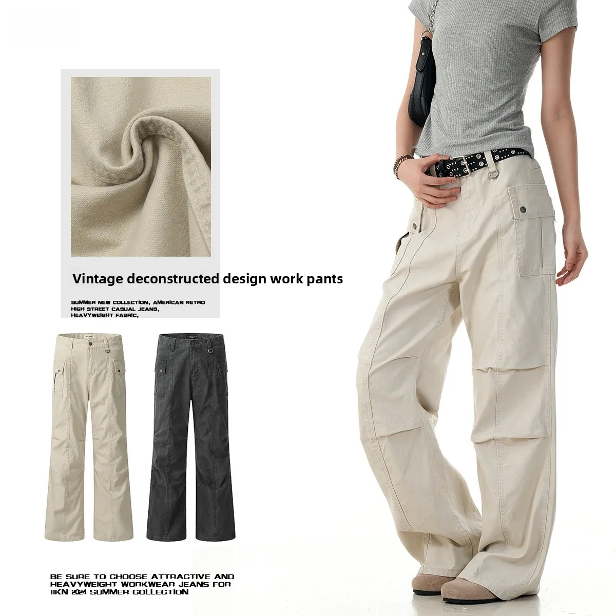 

American Retro Straight Leg Bell Bot Work Trousers Loose Fit Casual Cotton Men's Slimming Multi ket Simple Sle