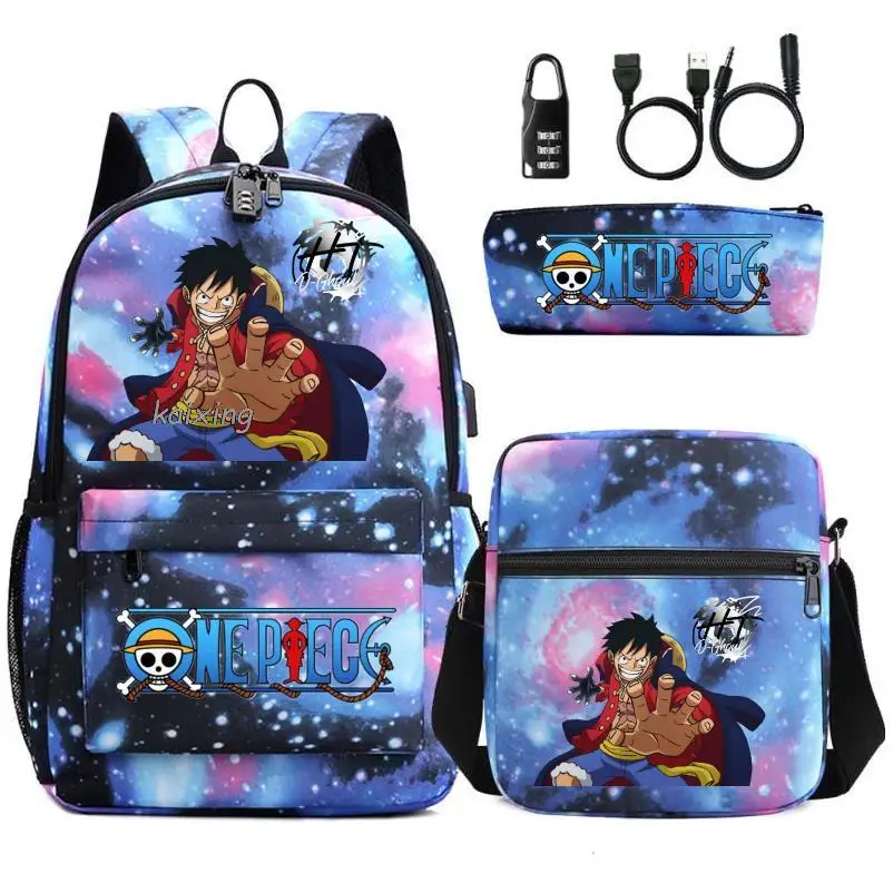 3Pcs/Set Japan Anime One Piece Students Boys Girls Schoolbag USB Backpack Children Teenager Cartoon Waterproof School Bag