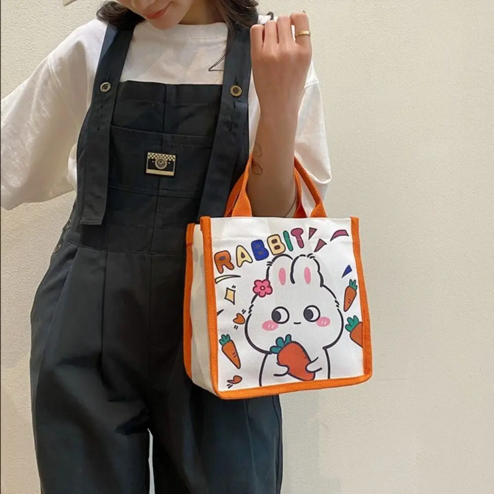 

Portable Japanese Handbag New Large Capacity Cute Bunny Printed Hand Lunch Bag Canvas Bag Cartoon Totebags