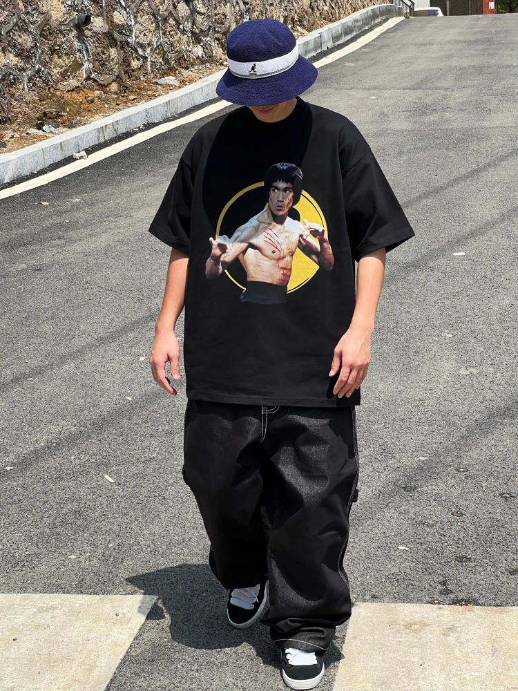 

Оверсайз футболка для хип-хопа и уличных танцев, свободного кроя, из чистого хлопка, с маленьким воротником, летняя, в американском олдскульном стиле, для би-бойзов, повседневная, с круглым вырезом